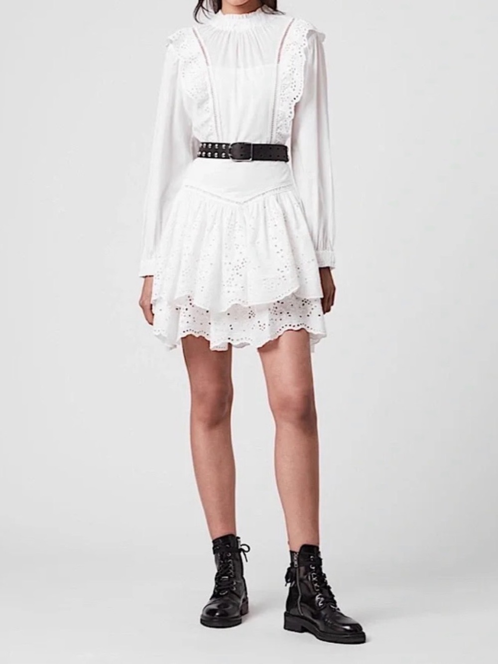 AllSaints White 100% Cotton Eyelet Tiered Mini Skirt